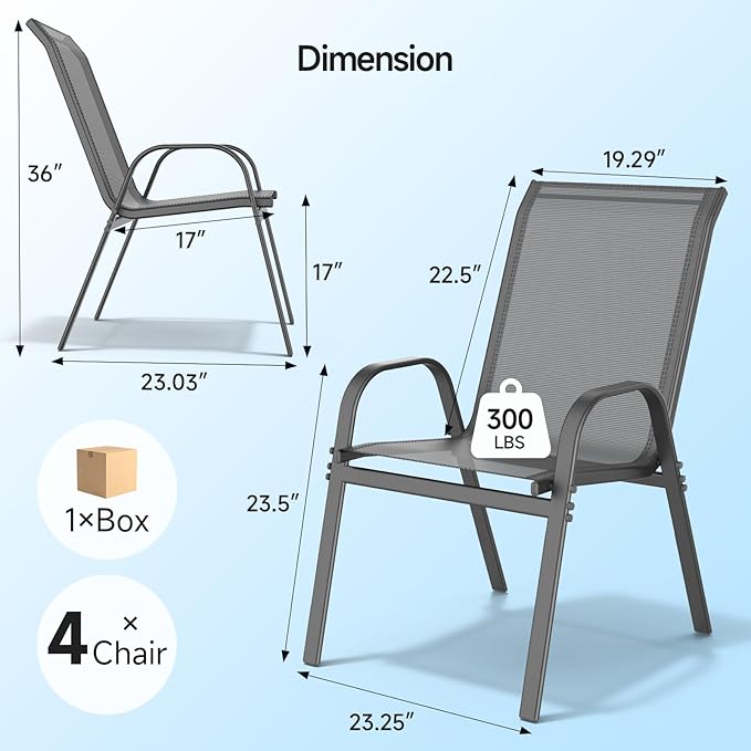 ONBRILL Patio Chairs set of 4, Easy Assembly Stackable Outdoor Dining Chairs with Wide Seat and Sturdy Metal Frame, Breathable All Weather Textilene Outdoor Chairs Set of 4 for Deck, Pool, Porch, Grey