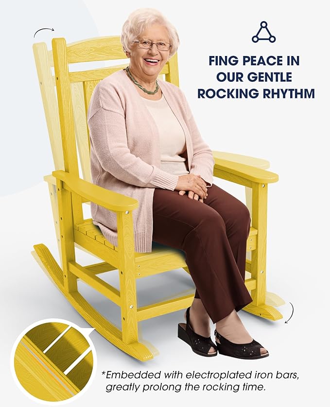 KINGYES Outdoor Rocking Chair Set of 2, High Density Polyethylene Patio Rocking Chairs with 330lbs Support for Adults, Yellow
