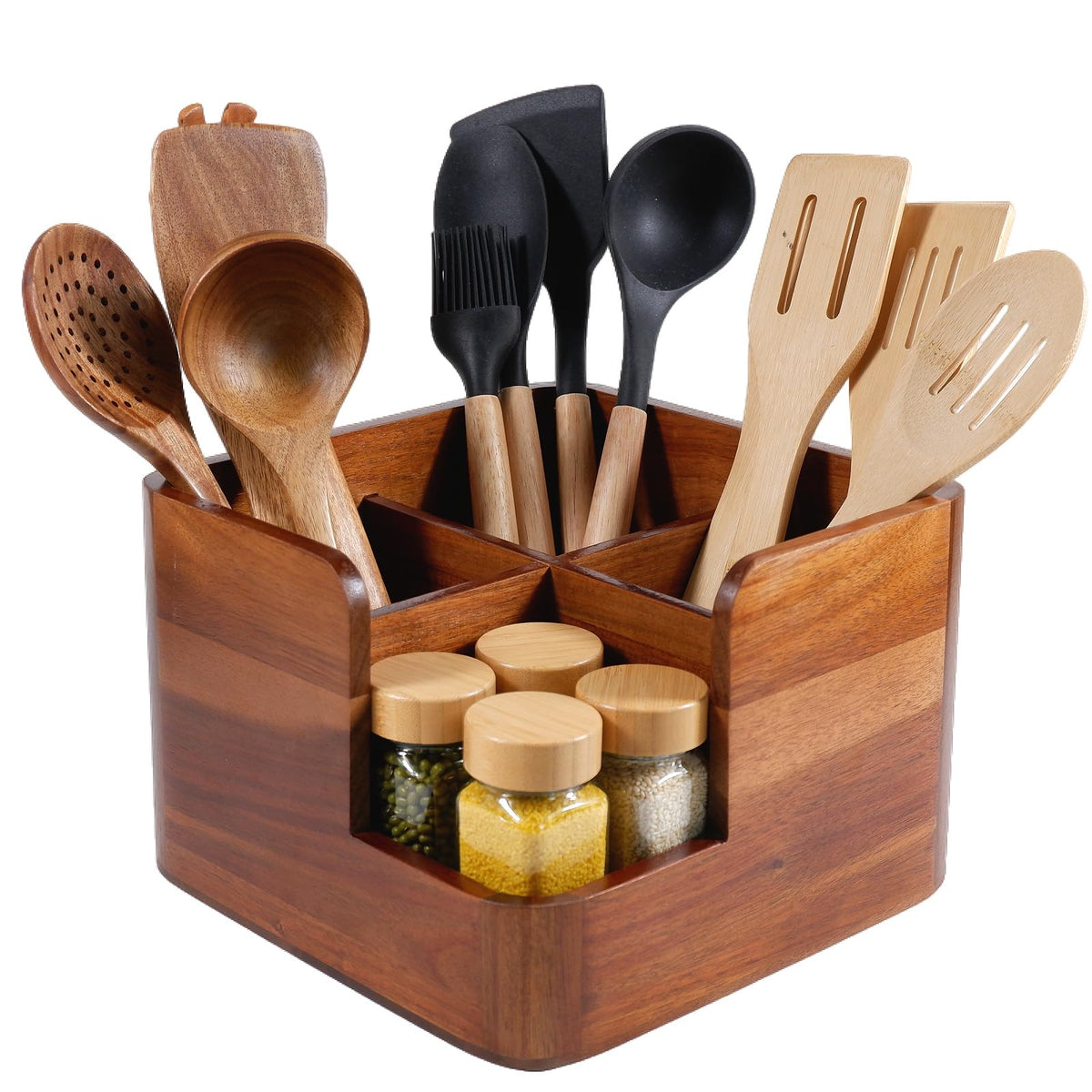 Liberal Brightdeer Large Kitchen Utensils Holder with 4 Compartments,Corner Utensil Caddy for Countertop,Acacia Wooden Utensil Organizer for Kitchen Countertop, Farmhouse Decor