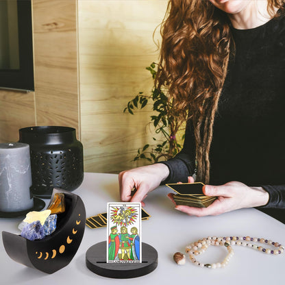 Eorbow Tarot Deck Holder with Moon Shape Case, Wood Tarot Card Display Box Stand, Moon Phase Daily Oracle Card Organizer, Witchcraft Decor Supplies for Crystal Stone Storage