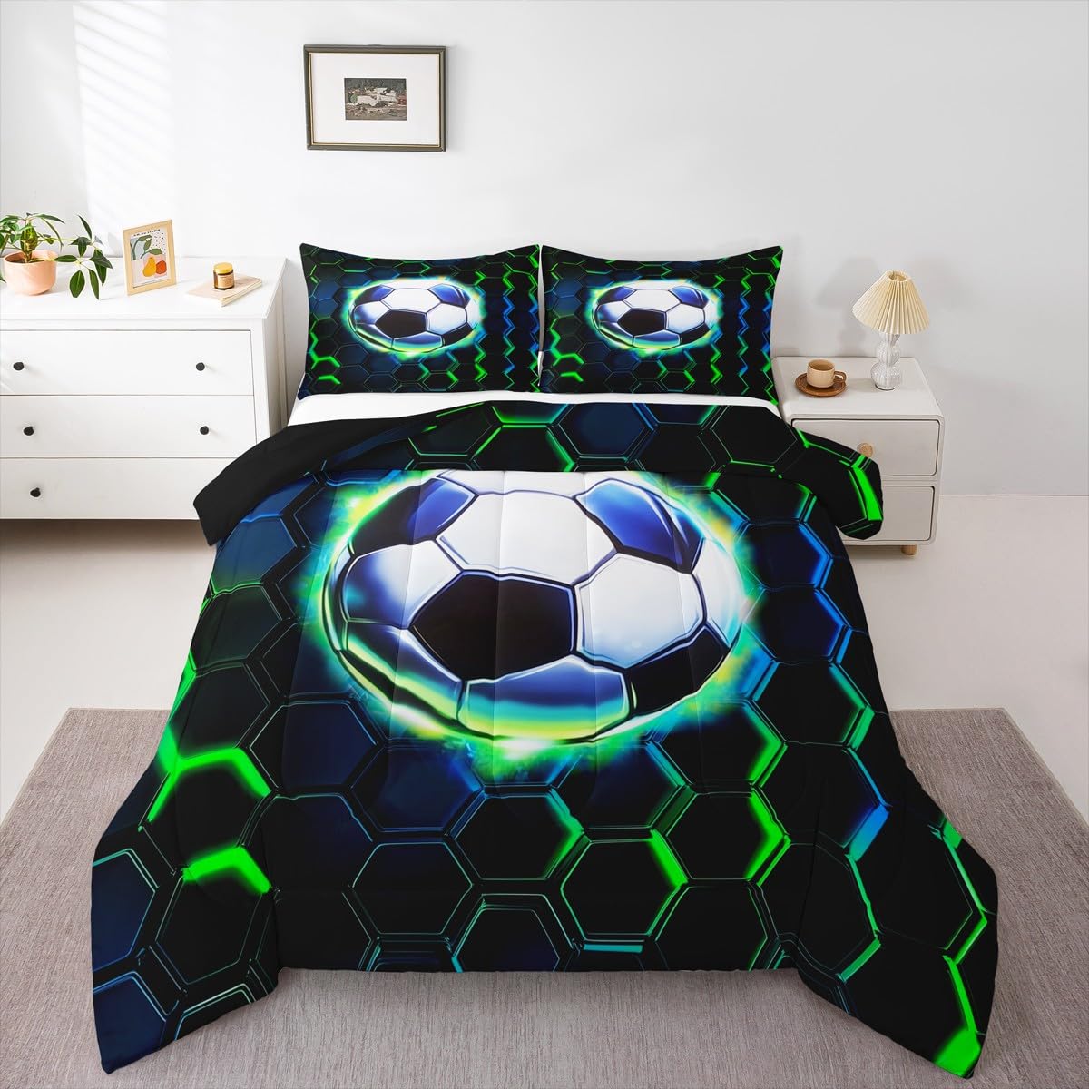 Football Kids Comforter Set Queen Size,Soccer Game Ball Sports Bedding Set,Girls Boys Room Decor,Geometric Honeycomb Hexagon Quilt Comforter,Black Green Duvet Set Bedroom Quilt Set,2 Pillowcases
