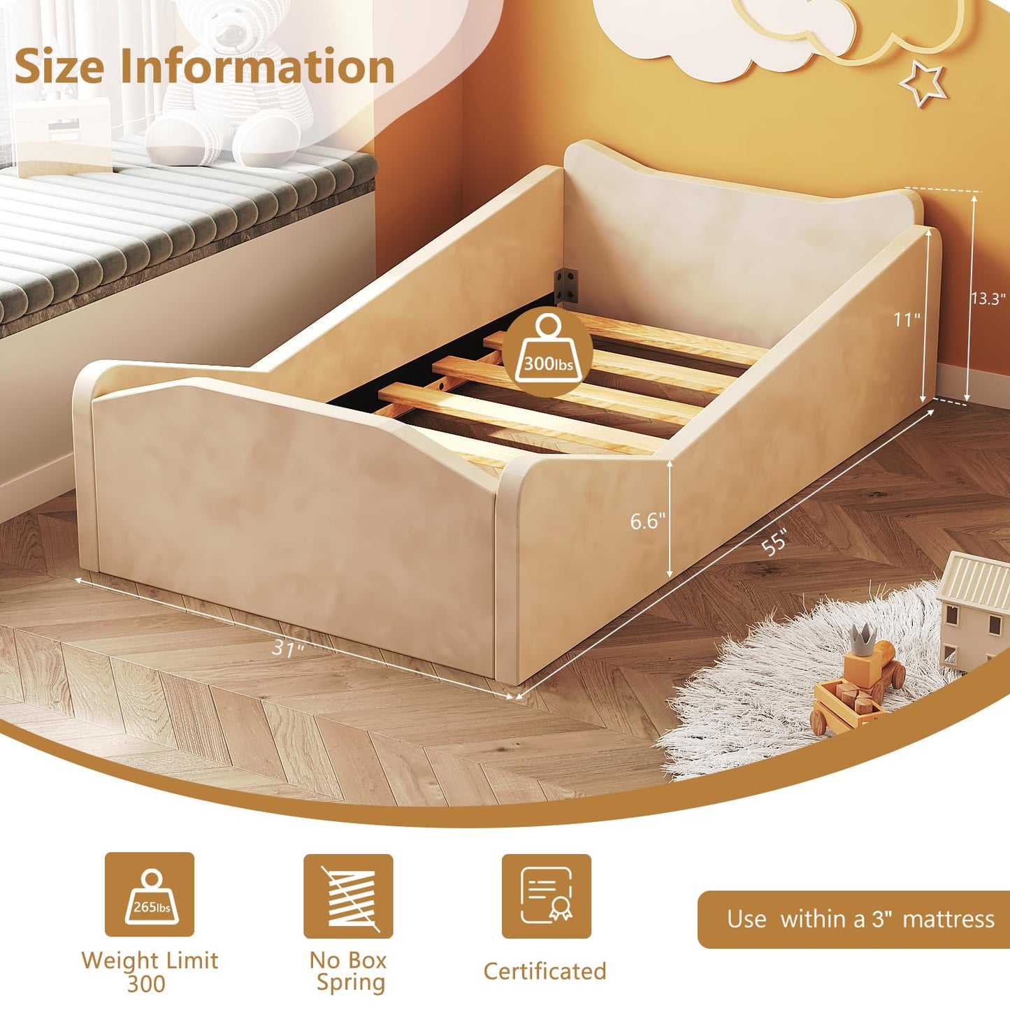 JOYMOR Toddler Bed, Floor Bed with Safety Guadrail, Montessori Toddler Bed with Animal Ear Shapes, Soft Velvet Wood Bed for Infant, Kids, Mattress not Included (Beige)