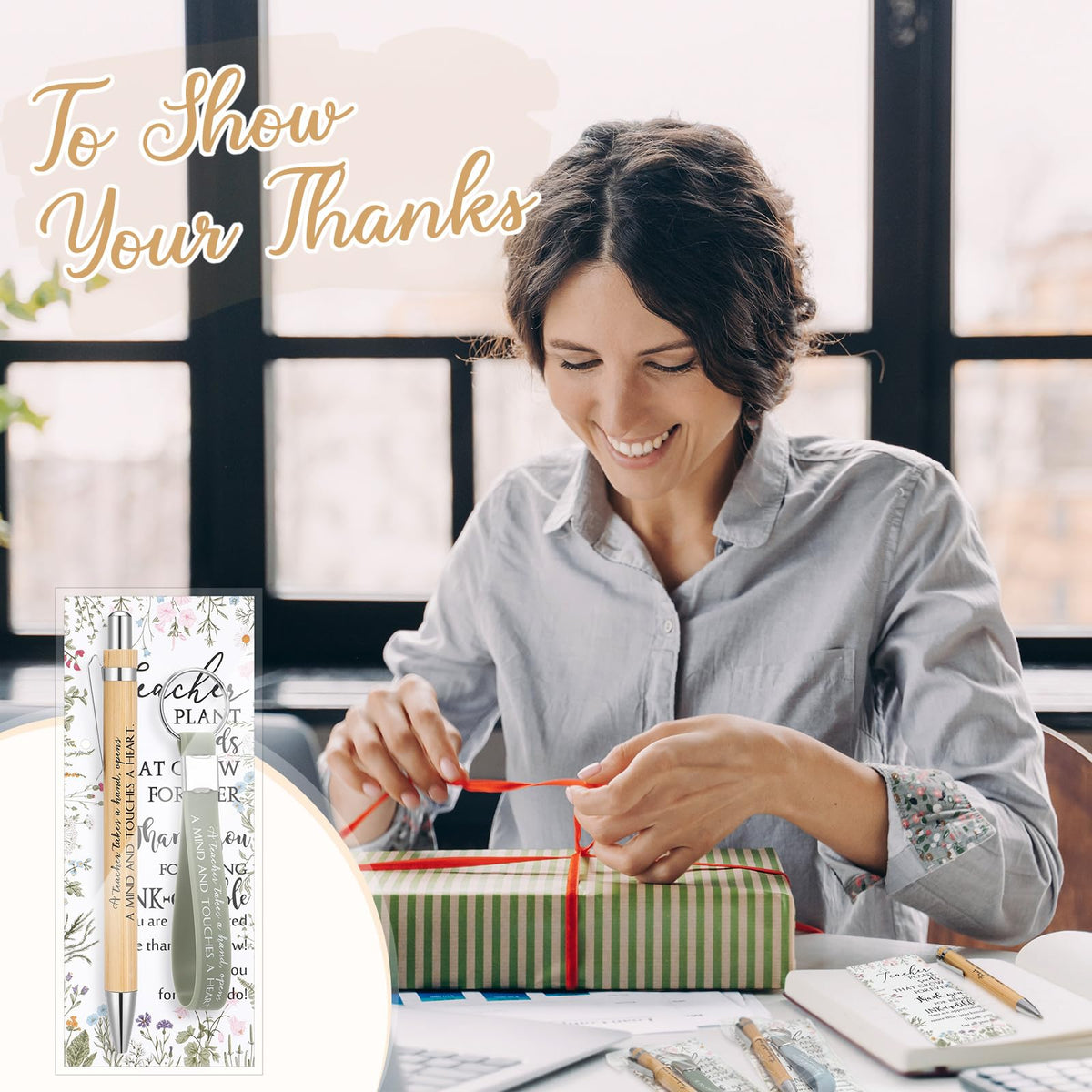 Geyoga 30 Sets Teacher Appreciation Gifts Bulk Inspirational Bamboo Pens Motivational Silicone Keychains with Thank You Cards for Employee Staff Team Teacher Appreciation Week Gifts
