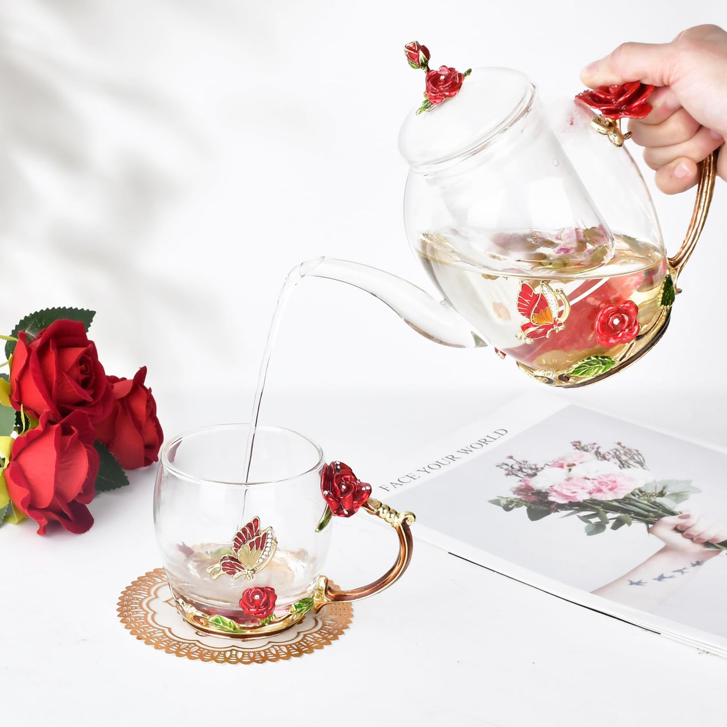 Enamel Glass Flower Tea Pot With Removable Loose Tea Leaf Infuser Tea Maker Teapot Set 30.4OZ Gifts for Women,Mom,Birthday