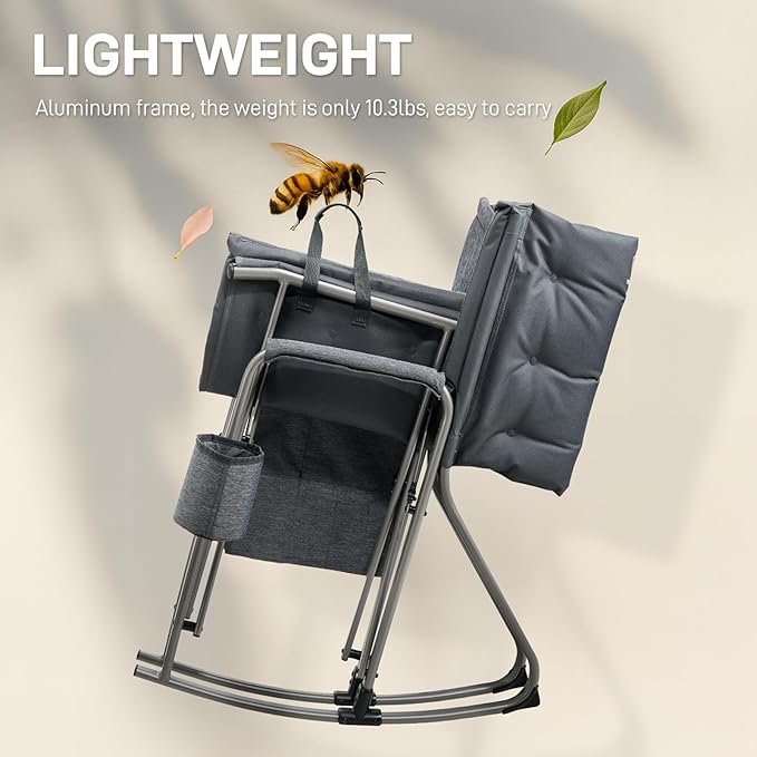 EVER ADVANCED Lightweight Folding Rocking Camping Chair, Padded Portable Rocker Chair for Patio, Lawn and Outdoors, Heavy Duty Hard Armchair for Adults, Grey