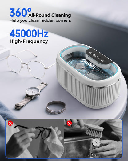 onlikin 35W Ultrasonic Jewelry Cleaner, 45KHz Retainer Cleaner for Jewelry, 5 Timer & 3 Power Modes, Eyeglasses, Rings, Watch Strap, Dentures - 20oz, 304 Stainless Steel Tank, Quiet <38dB (White)