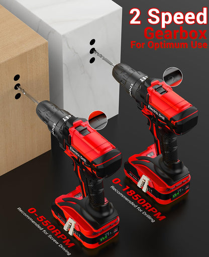 Power Drill Set 21V, Cordless Hammer Drill with 2 Batteries 2.0Ah,42N.m Max, 25+3 Torque, 2 Speed, LED Light, 20pcs Bits Electric Drills for Home