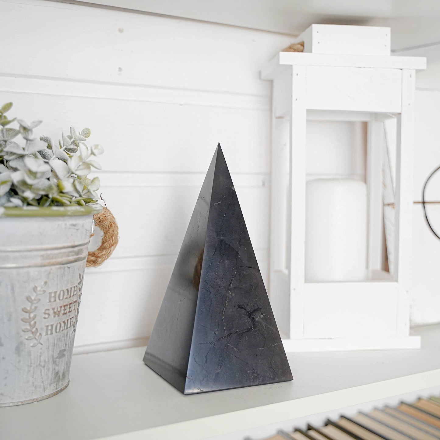 Authentic Shungite Pyramid Polished 8"(20cm), Premium Protection Crystals for House & Office, Karelian Black Stone Energy Pyramid for Root Chakra Meditation, Grounding & Negative Energy Blocker