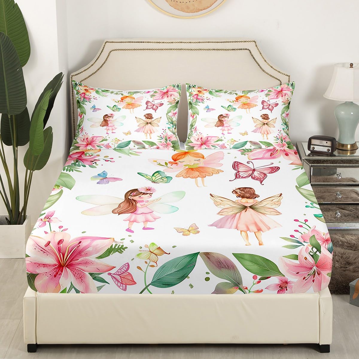 Erosebridal Fairy Garden Twin Bedding Set,Pink Floral Butterfly Fitted Sheet for Girls Kids,Dreamy Flower Girly Bed Set,Coquette Flowers Bed Sheets 2Pcs Room Decor (No Flat Sheet)