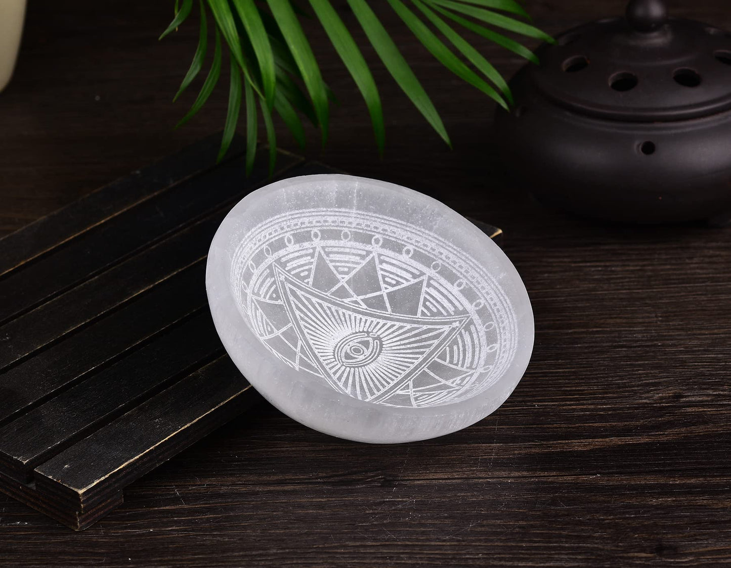 AMOYSTONE 4" Round Selenite Stone Bowl Dish Hand Carved Demon Eye #1 Crystal Charging Station Healing Bowl