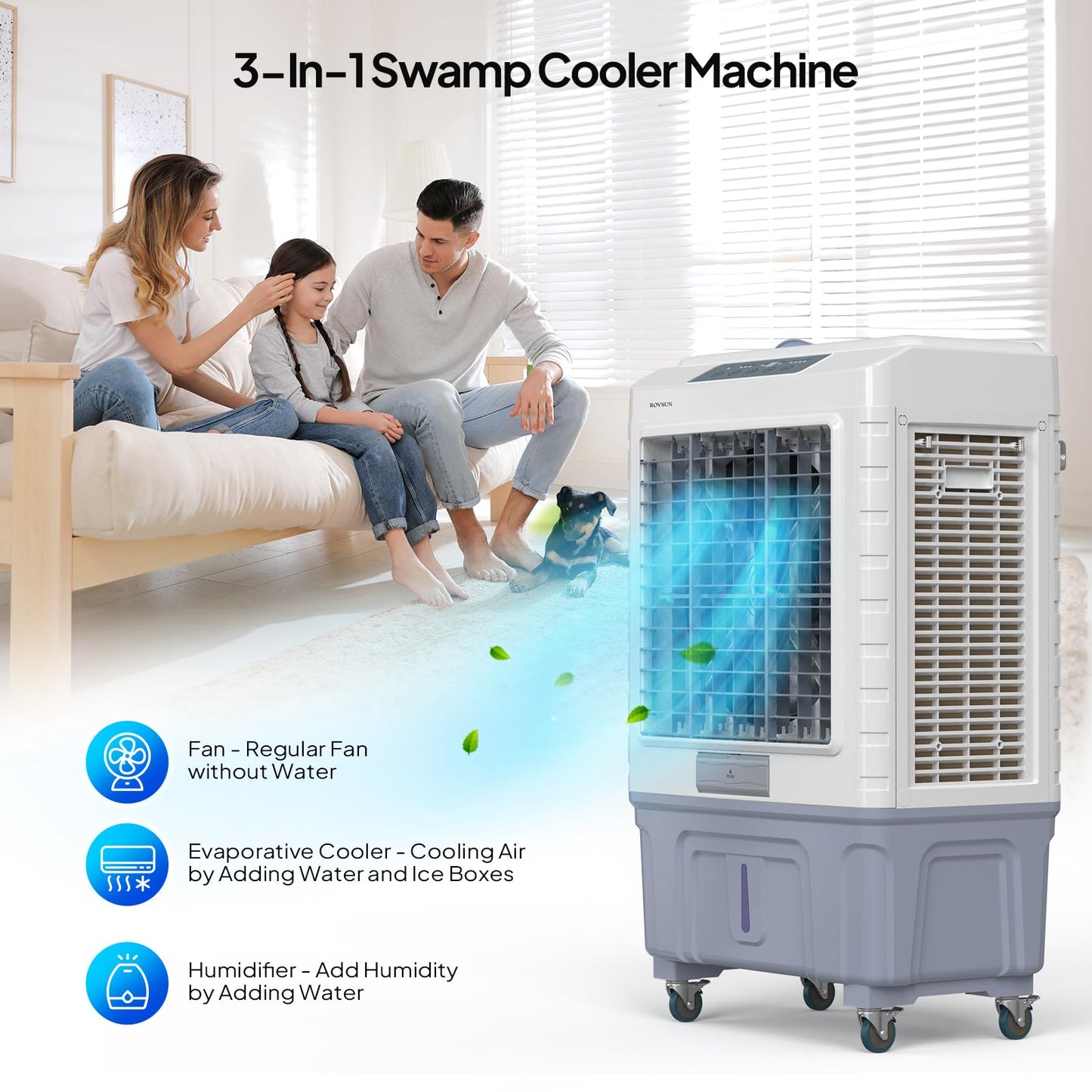 ROVSUN 13.2Gal Portable Swamp Cooler, 4100CFM Evaporative Air Cooler with Auto Oscillating, Remote, 3 Speeds, 7.5H Timer & 4 Ice Packs, 3-IN-1 Humidifying Cooling Fan Indooor Outdoor Patio Garage