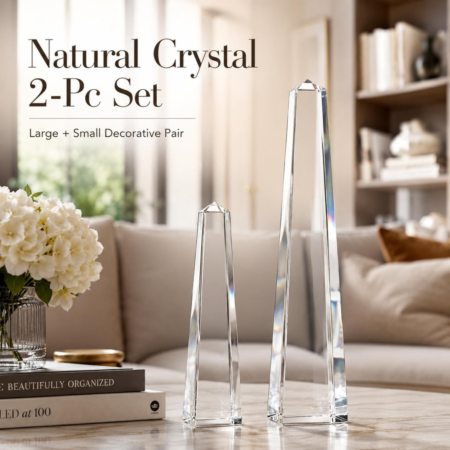 Novabright Crystal Obelisk Towers - 2 Pcs 9.25 Inch & 6.18 Inch Optical Crystal Decoration Set, Ideal for Farmhouse, Modern, and Home Decor for Mantel, Vanity, Side Table, Shelf, and Office Styling