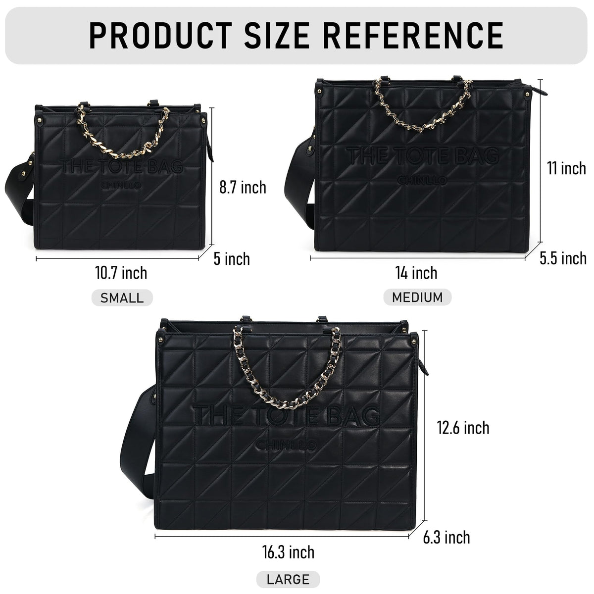 Chinllo Tote Bag for Women Laptop Quilted Chains Satchel Purse and Handbags with Shoulder Strap (E.Black-L)