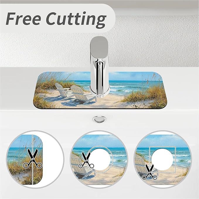 Kitchen Sink Splash Guard，Beach-scene Faucet Mat Sink Gadgets-Super Absorbent