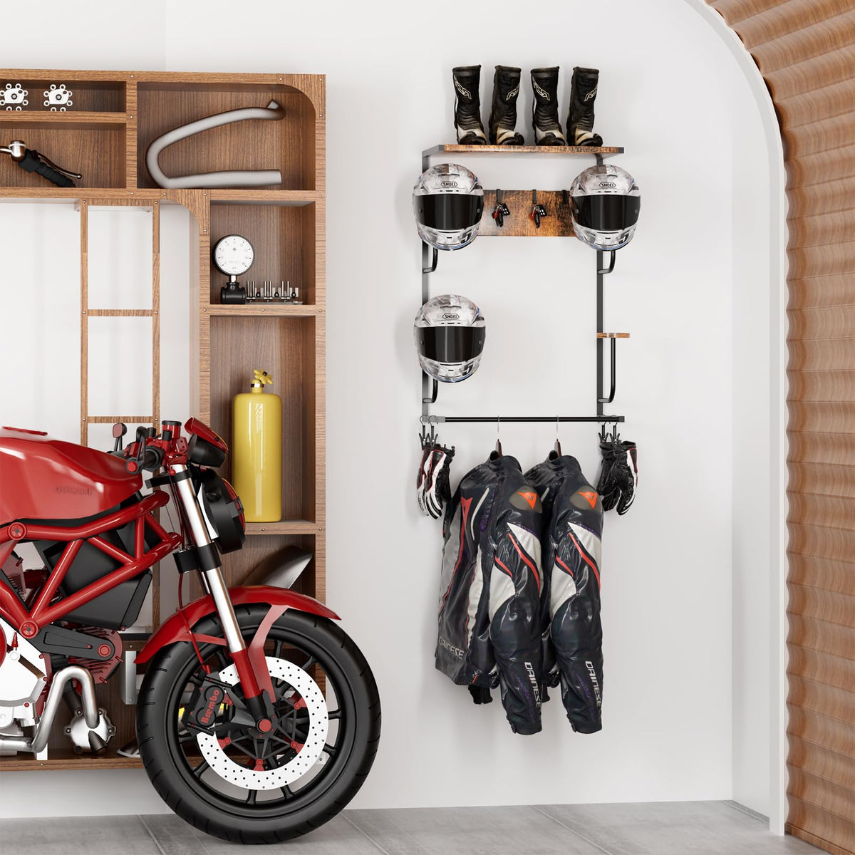 OMISRUIS Motorcycle Helmet Holder Wall-Mounted Helmet Rack with 4 Glove Chips& Hooks - Rustic Bike Helmets Storage Organizer, Universal Wall Mount for Helmets, Gear, Clothes, Accessories，Retro