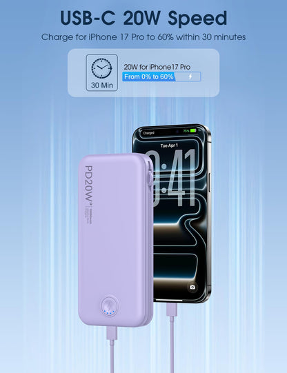 Nusyddy Portable Charger, 10000mAh PD20W Fast Charging Power Bank with Built-in Cables & Wall Plug, Travel Essential External Battery Pack, USB C Battery Phone Charger for iPhone, iPad, Samsung Purple