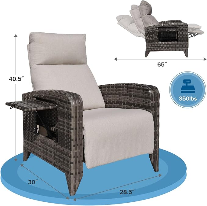 Upgraded Outdoor Recliner Chair, Reclining Patio Chairs with Adjustable Back up to 150°Lay Flat and Extended Footrest, Wicker Recliner Chairs with Flip Table and Removable Olefin Cushion