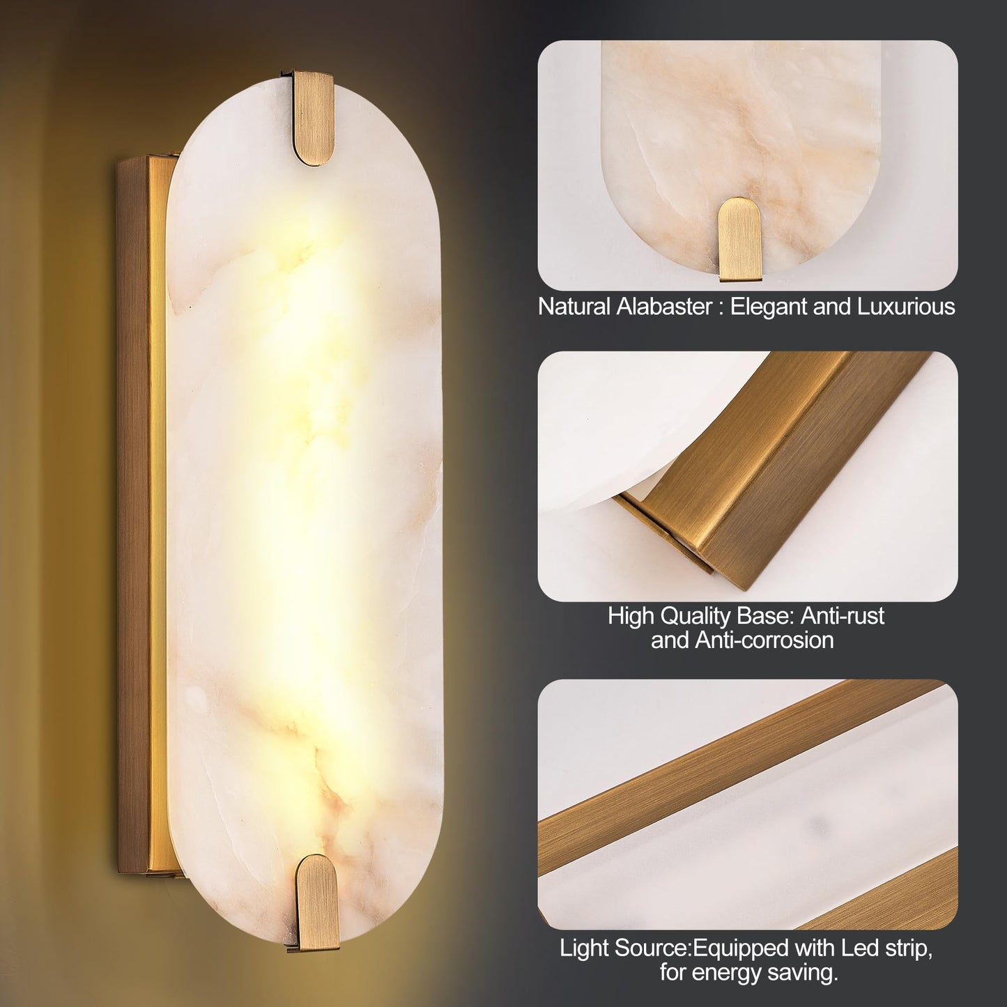 DLUCE 14.17in Alabaster Wall Sconces, Natural Marble Wall Light Set of Two, Modern LED Alabaster Sconces for Living Room Indoor Wall Lamps for Dining Room Stairs Bedroom,Brushed Gold
