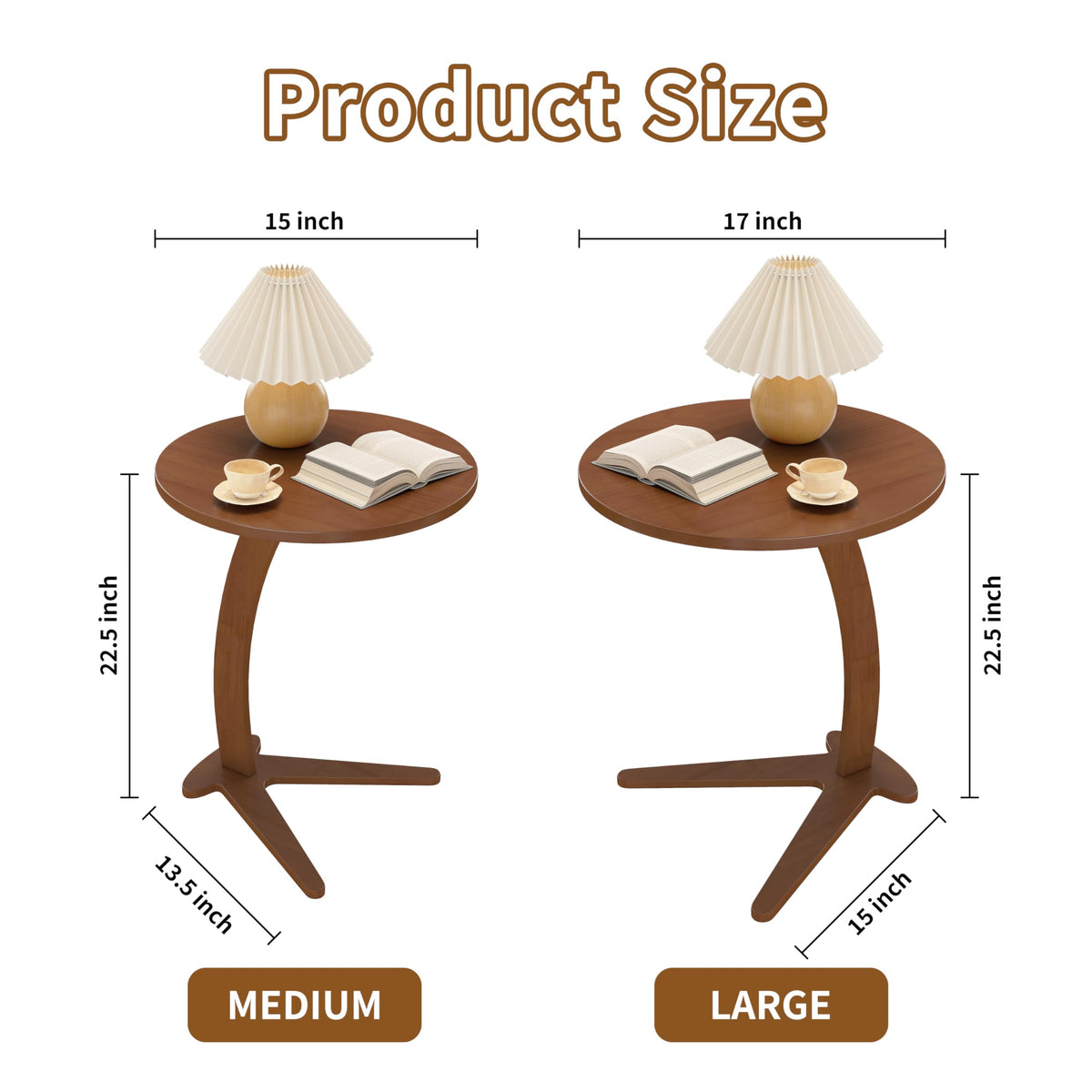 FIDOOM C Shaped End Table, Small Round Side Table for Couch, Slide Under Sofa Tray Desk for Living Room Bedroom, Solid Wood TV Tray Table for Narrow Space (15” Chestnut)