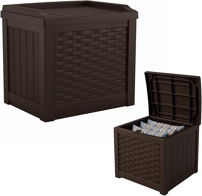 Suncast Outdoor Deck Box - 22 Gallon Java Resin Outdoor Storage Box, Weatherproof Patio Storage Bin Container for Seating & Organizing Cushions, Tools & Towels for Pool, Yard, & Garden