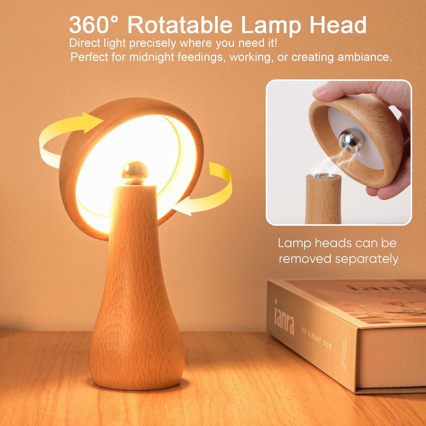 Wooden Small Mushroom Lamp, Touch Switch Cordless Table Lamp for nightstand, Rechargeable Battery Operated Night Light, 360 Degree Rotation Adjustable, Stepless Dimming Desk Lamps for Living Room