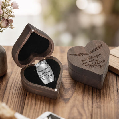 Dletay Angel Wing Small Urns for Human Ashes Heart Shaped Wooden Keepsake Box 1.57 Inches Mini Cremation Urns for Women Men Memorial Funeral Urn