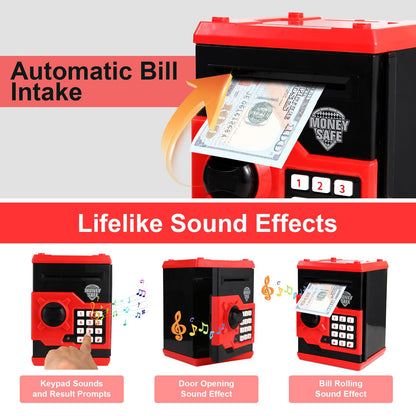 Pup Go ATM Money Box for Girls, Auto Scroll Paper, Password Code Lock Piggy Bank, Cash Coins Saving Box for Kids Age 3 4 5 6 7 8, Perfect Toy Birthday Gifts for Children(Red)