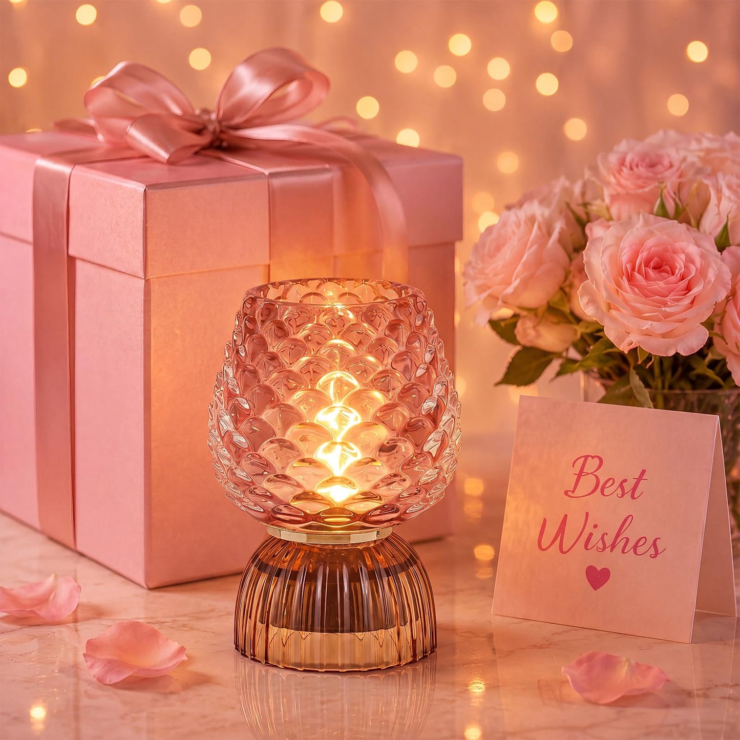 SisiHokai Battery Operated Lamp with Timer, Cute Small Cordless Glass Table Lamp for Home Decor, Kitchen, Bathroom, Birthday Gift for Women, Pinecone, Pink