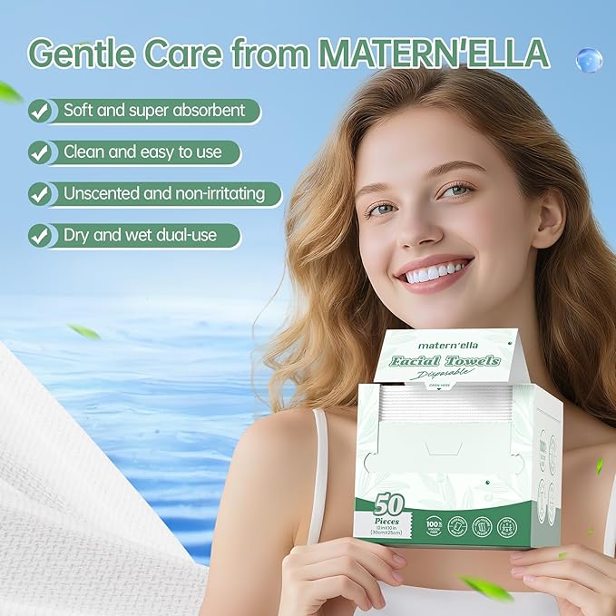 MATERN'ELLA Disposable Face Towels XL Ultra Soft Biodegradable Dry Wipes