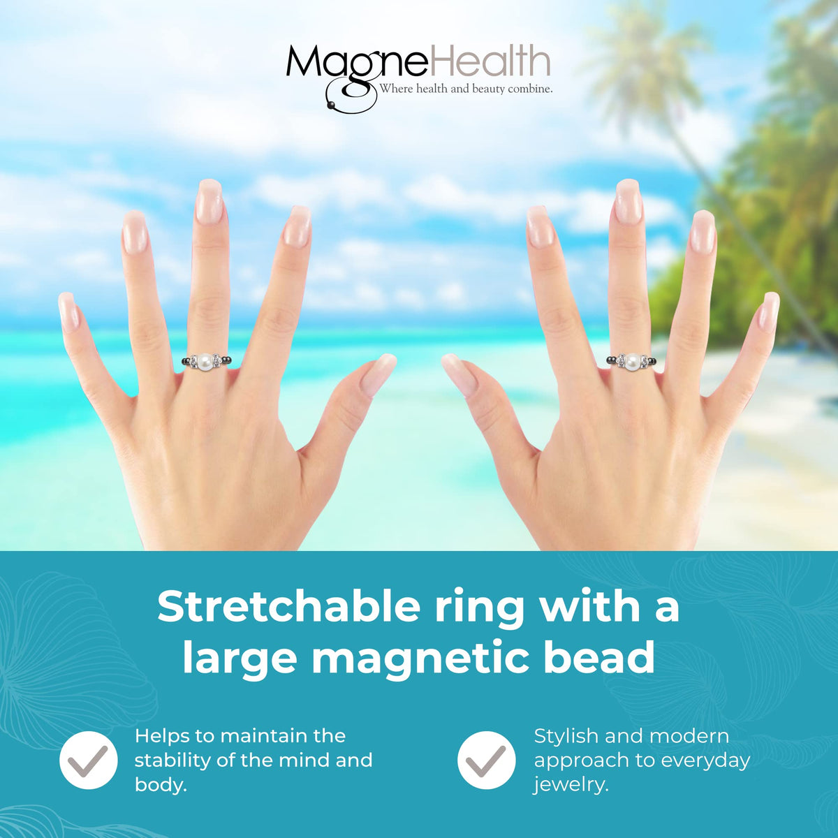 MAGNEHEALTH Black Magnetic Hematite Stretch Ring w/Large White Magnet Bead - Absorbs Negative Energy, Wellness and Balance Jewelry, Unisex Ring, Gift for Men and Women, Stretchable Comfort Fit, Large