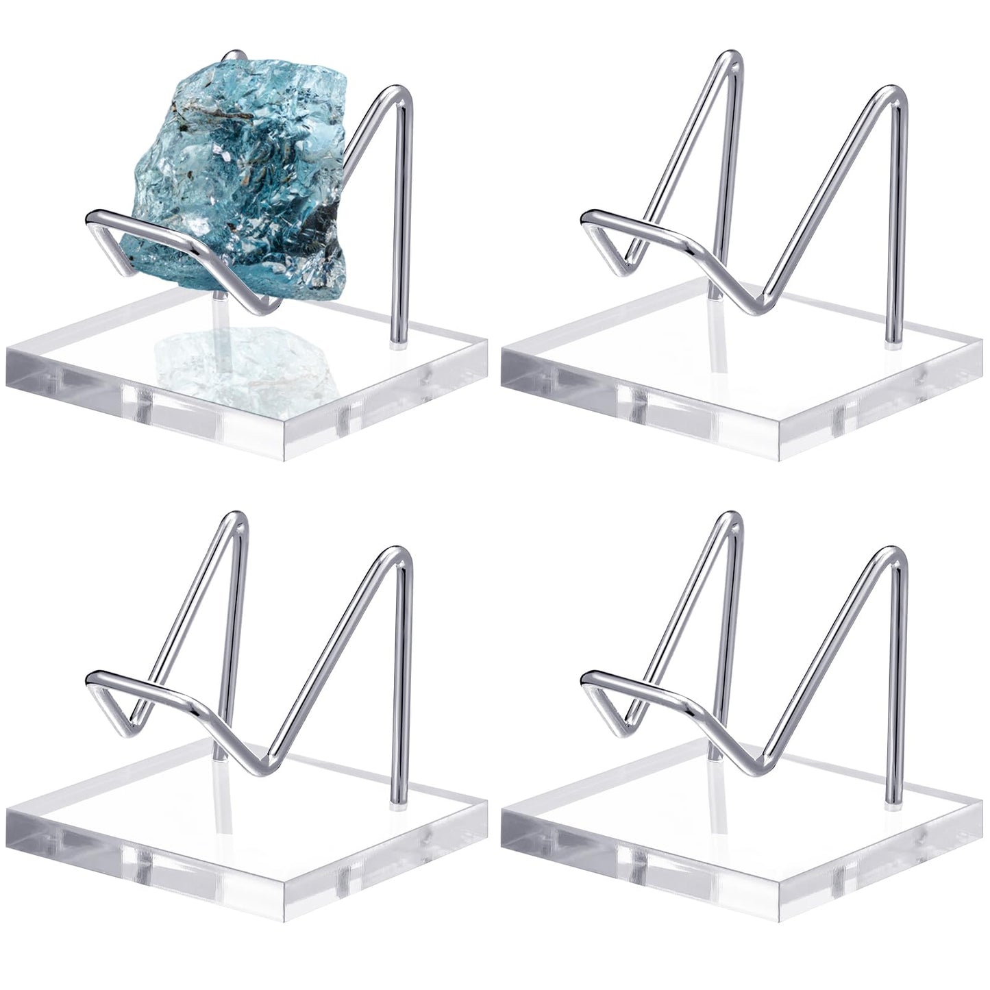 Wenqik 4 Pcs Metal Crystal Display Stand Rock Holder Crystal Display Shelf with Metal Arms Acrylic Pedestal Base for Mineral Gemstone Agate Fossil Coral Geode Jewelry Collectible(Silver,2.5 x 2.5 x 2)