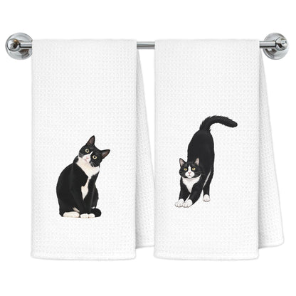 Exqcom Funny Tuxedo Cat Kitchen Towels Set of 2, Cat Lover Mom Lady Gifts Hand Towels for Bathroom Kitchen, Black and White Kitty Kitten Decorative Dish Towels Drying Cloth, 16x24 Inch Set of 2