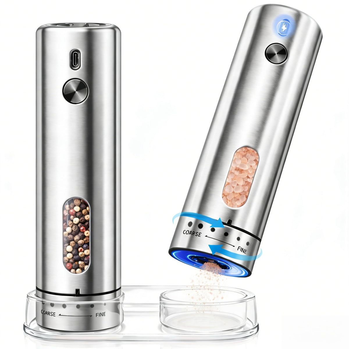 Rechargeable Electric Salt and Pepper Grinder Set with 6 Adjustable Coarseness, Large Capacity, LED Light, Stainless Steel Automatic Pepper Mill - BBQ Accessories, Cooking Gift for Dad, Men Women