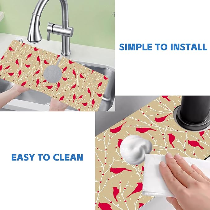 Christmas Cardinal Birds Kitchen Sink Splash Guard Mat Absorbent Fast Drying