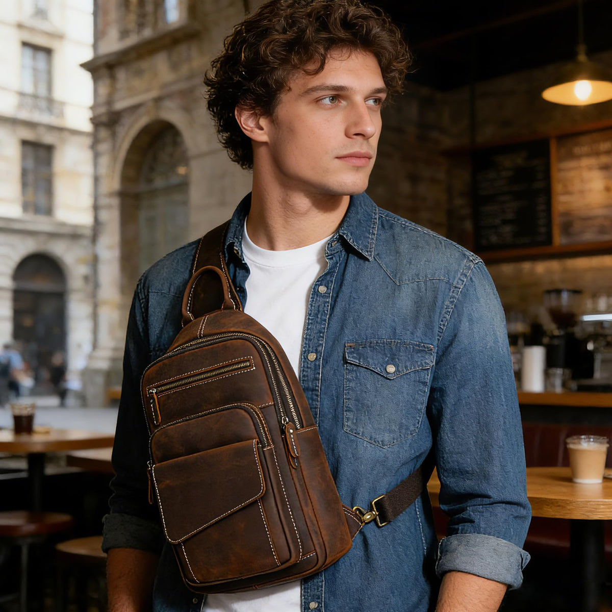 JulBean Leather Men Casual Travel Hiking Crossbody Chest Sling Bag Rig One Shoulder Strap Bag