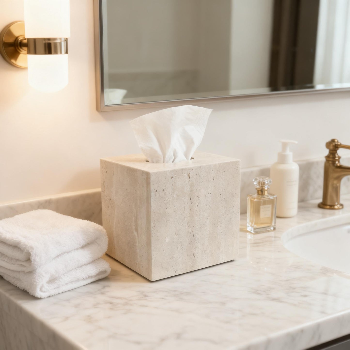 Jusmioke Natural Travertine Marble Tissue Box Cover, Stone Square Pumping Paper, Roll Toilet Paper Holder for Living Room, Bathroom, Kitchen and Home Decor