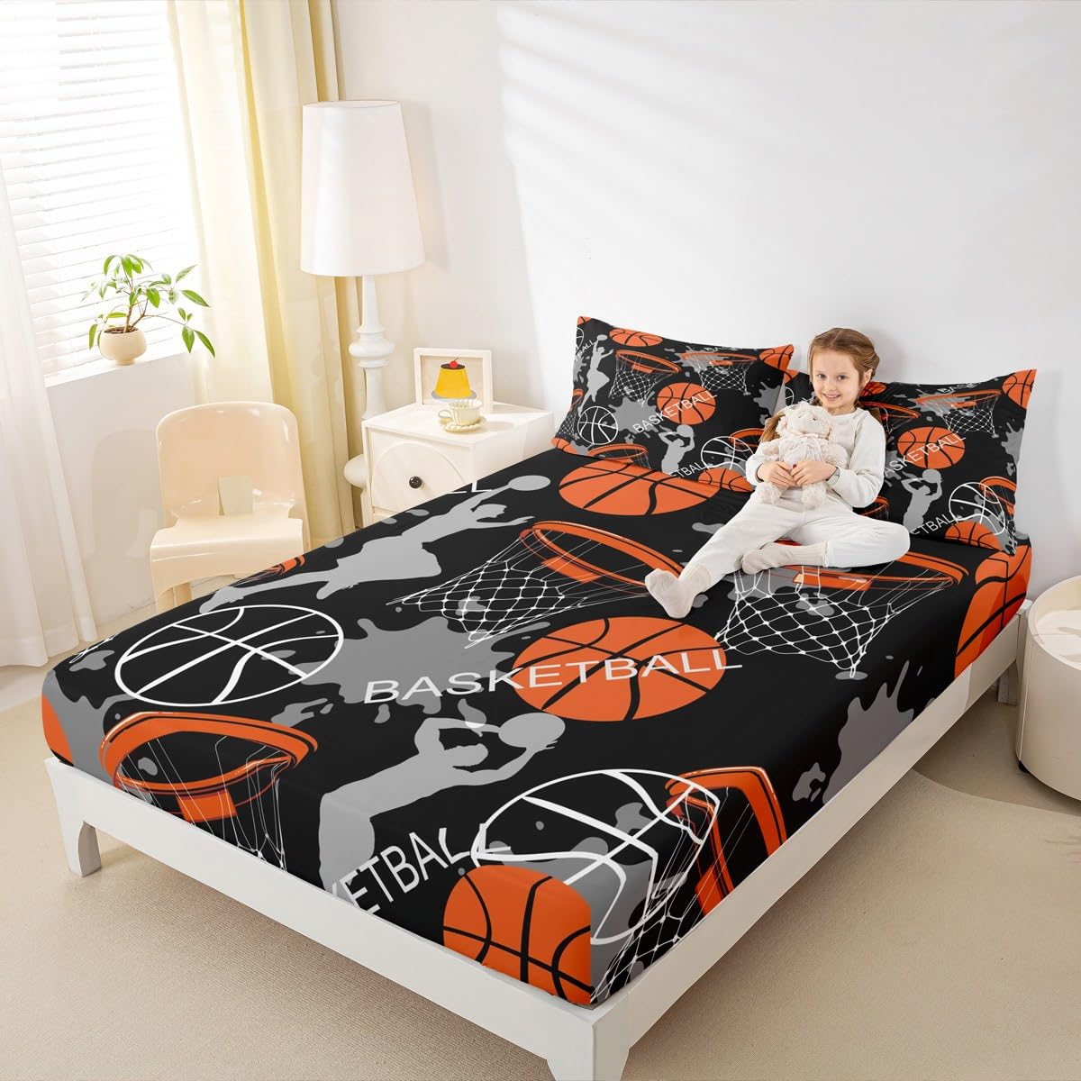 Feelyou Basketball Fitted Sheet for Kids Boys Girls Teens Sport Theme 3D Basketball Star Bed Sheet Set Skin-Friendly Microfiber Bed Cover Decor 3Pcs Bedding Set with 2 Pillowcases Full