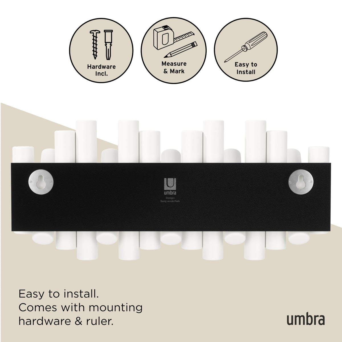 Umbra Picket Wall-Mounted Coat Rack Rail Hook with 5 Retractable Wood Pegs – Modern, Space-Saving Storage Organizer, White