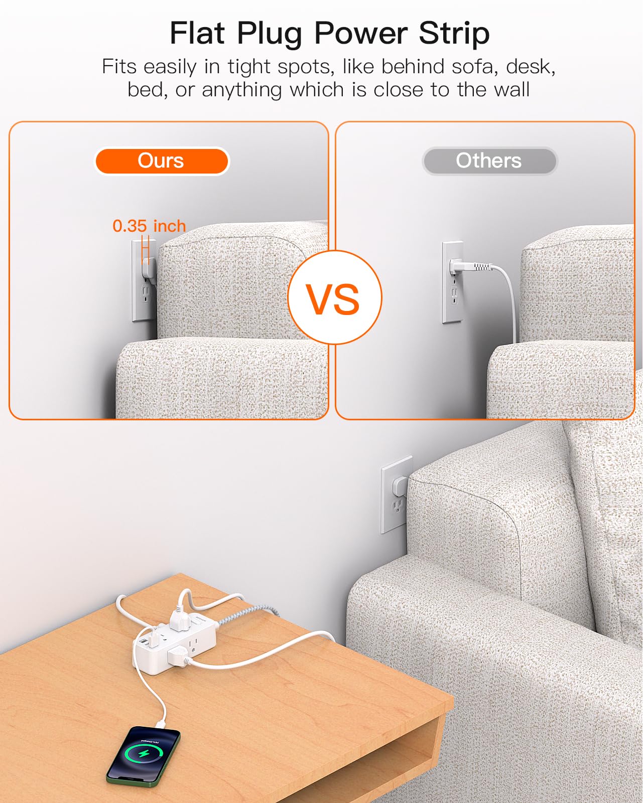 Power Strip Surge Protector, BESHON 5Ft Extension Cord, 6 Outlets with 4 USB Ports (2 USB C Outlet), 3-Side Outlet Extender, Wall Mount, Compact for Travel, Home, School, College Dorm Room and Office