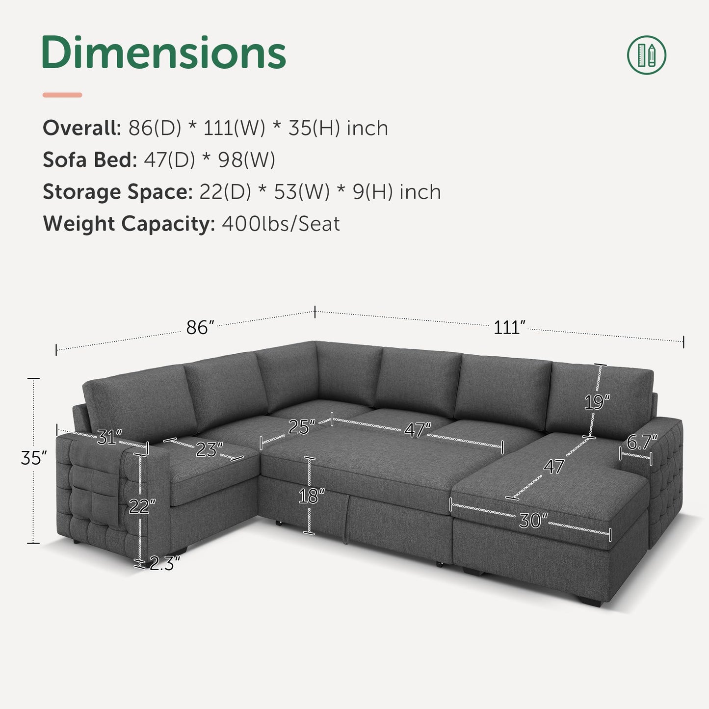 HONBAY Sectional Sleeper Sofa with Pull Out Bed U-Shape Sectional Couch Sleeper Bed with Storage Chaise 6 Seater Sleeper Sectional Sofa, Light Grey