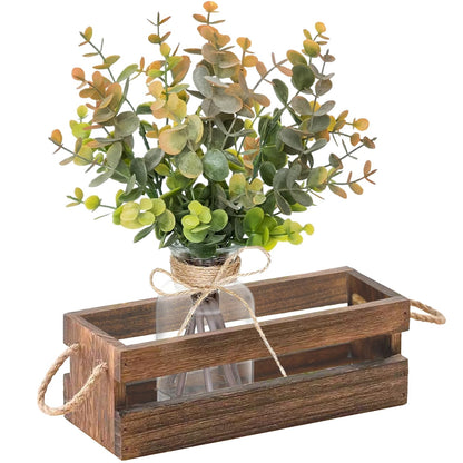 Fawairyc Artificial Eucalyptus Stems in Glass Vase with Faux Water,Combined with Wood Tray Centerpiece Table Decoration,11" Fake Plant with Orange-Green Leaves for Home Decor