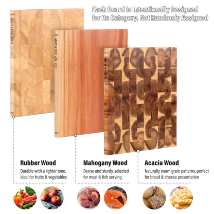 Book Cutting Board Set of 3 with Stand-The Cutting Board Library, Solid Wood Book-Shaped Boards for Serving & Display, Labeled Meat & Fish, Bread & Cheese, Fruits&Vegetables-Decorative Cutting Boards.