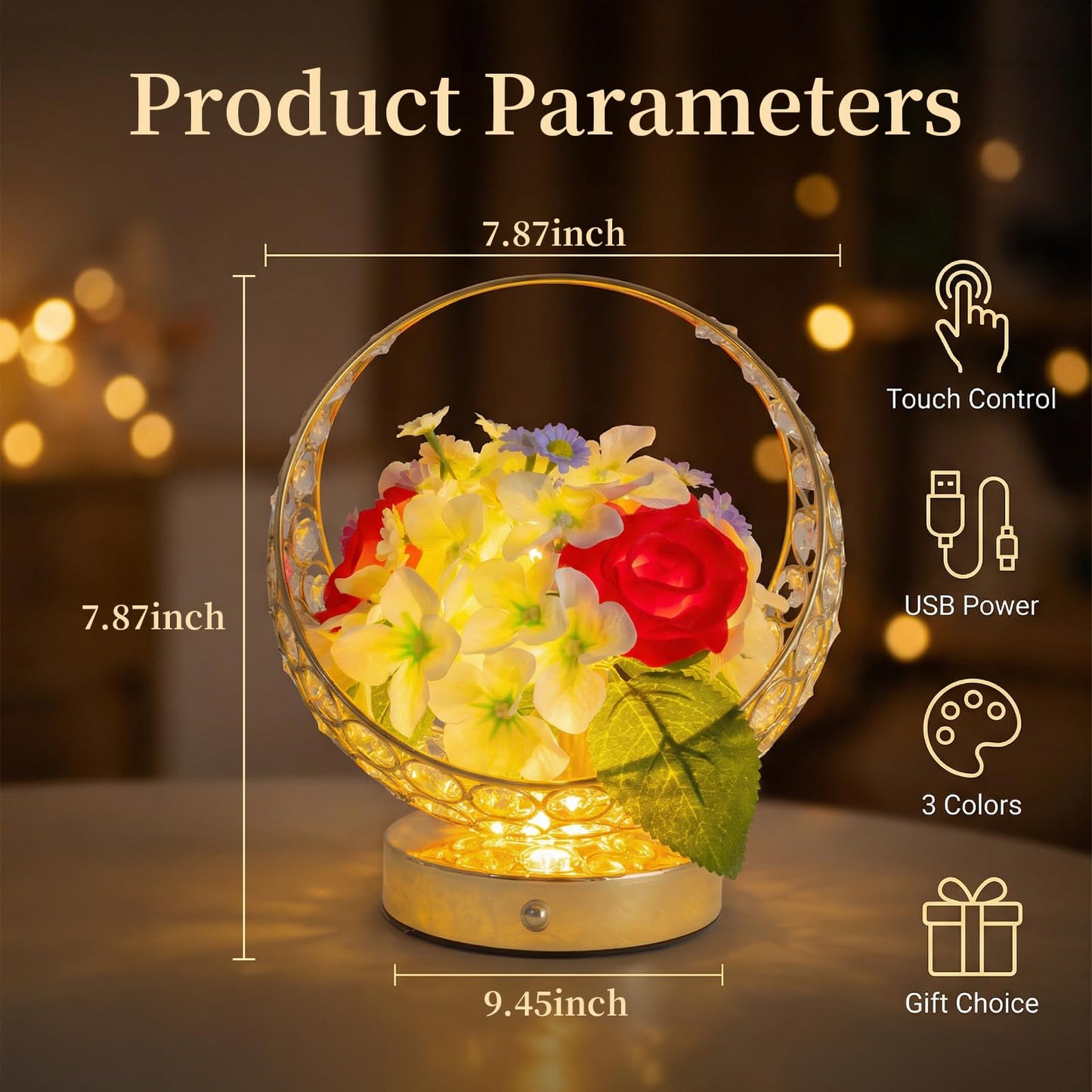 MMHF Rose LED Table Lamp, Modern Gold Crystal Bedside Lamp, Dimmable Touch Control Night Light for Bedroom Living Room Home Office, Romantic Warm Lighting Decorative Lamp