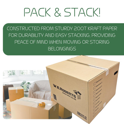 W.E. Roberts 10 Strong Extra Large Cardboard moving Boxes. Packing boxes for moving house with Printed Room List and Carry Handles 52cm x 52cm x 40cm cardboard Boxes