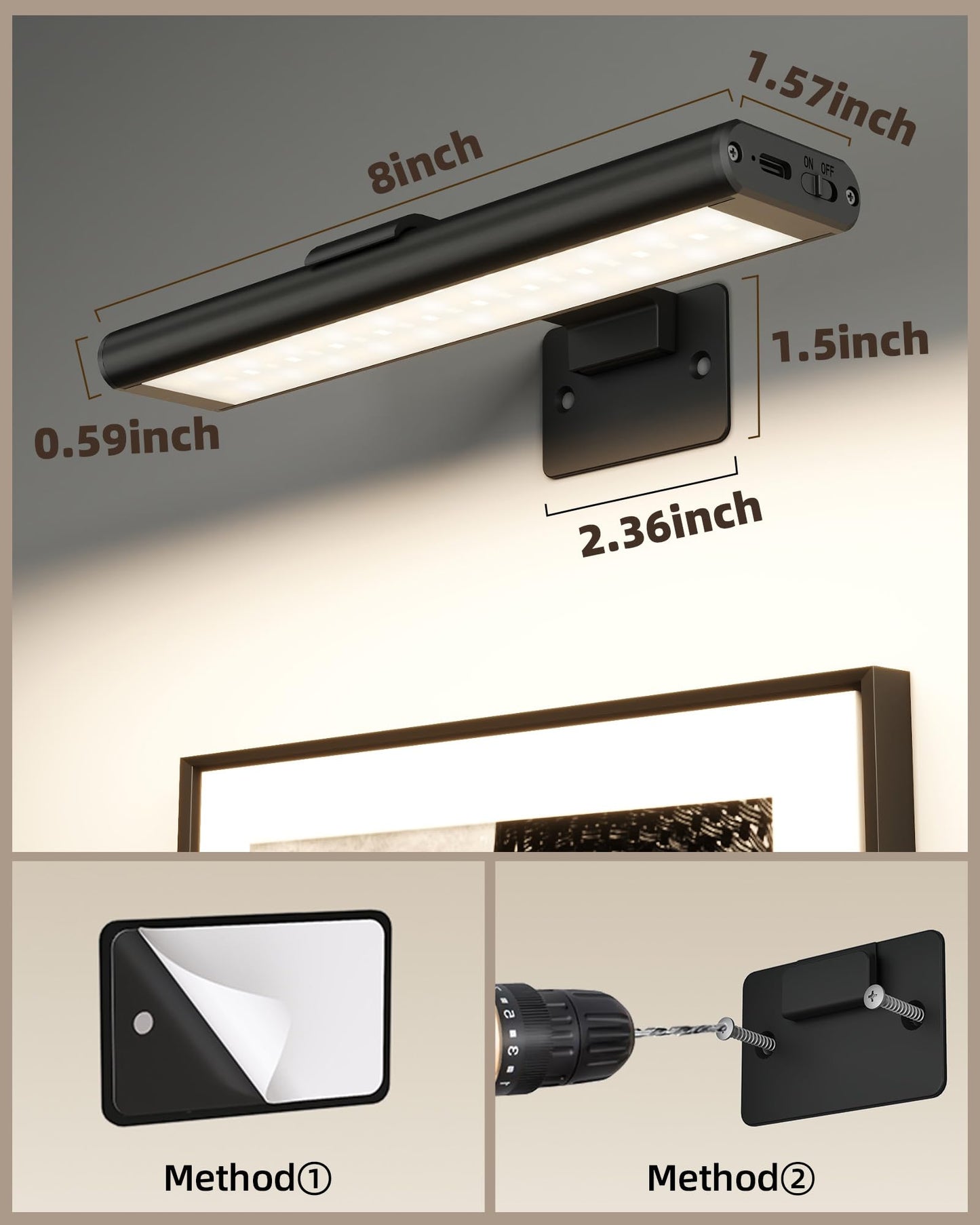 EZVALO Picture Light for Wall, Rechargeable 2400mAh Battery Lights Wireless with IR Remote, 3 Color & Dimmable Magnetic 7.8'' LED Lights Display for Painting, Living Room, Gallery, Bedroom(Black-3P)