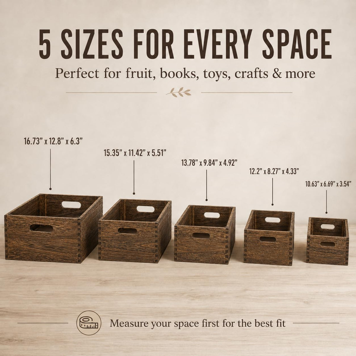 BOY MCOWBOY Wooden Crates for Display 5 Pack Extra Large Rustic Nesting Wooden Basket with Handle, Farmhouse Wood Crate for Storage and Container Multipurpose Wood Basket for Fruits Vegetables Boxes