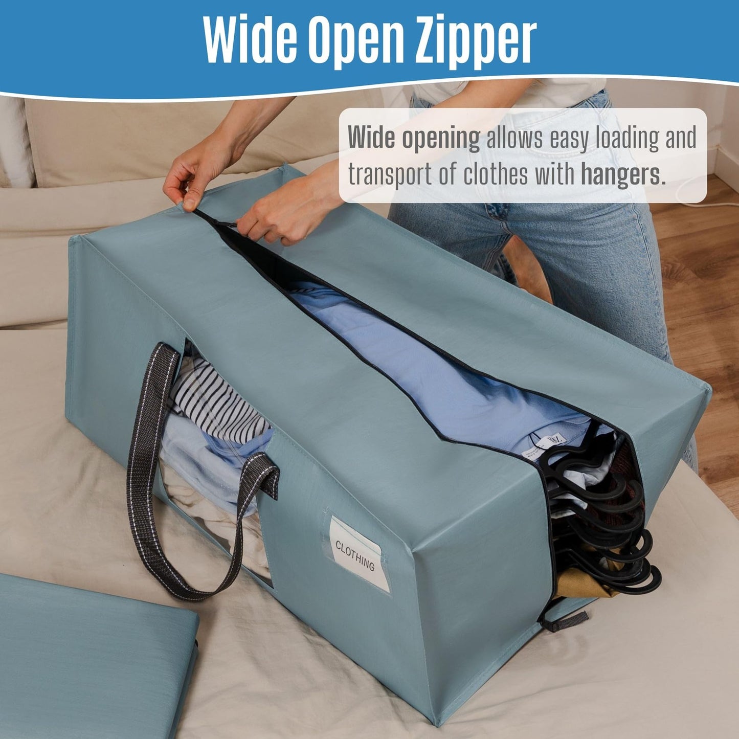 VENO 4 Pack Heavy Duty Moving Bags, Packing Bags with Clear Window, Alternative to Moving Boxes, Storage Bins for Clothes, Blankets, Comforters, College Dorm Essentials (Light Blue Matte, 4 Pack)