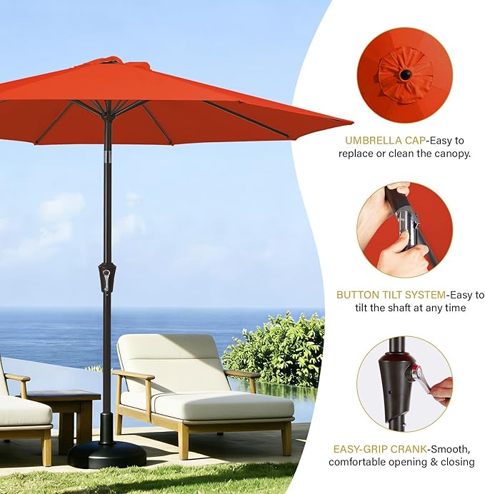 MEWAY 9ft Patio Umbrella Outdoor Table Umbrellas with Push Tilt and Crank, Market Umbrella 8 Sturdy Ribs for Deck, Garden, Pool and Backyard, Red Orange