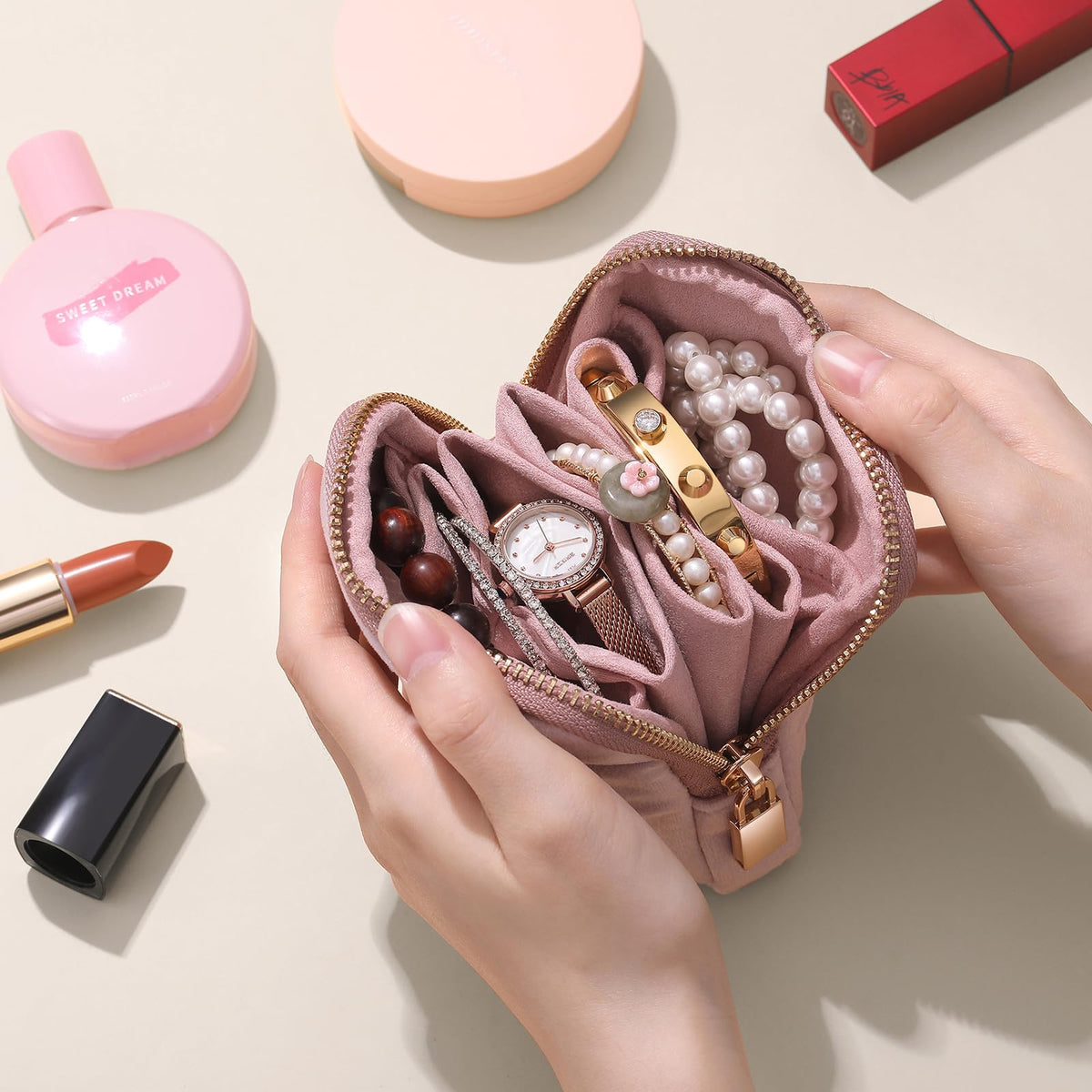 Lumayina Small Travel Jewelry Case Set 2-in-1 Detachable Velvet Pouches, Portable Jewelry Organizer Bag for Rings Earrings Bracelets, Gift Box for Women (Blush Pink)