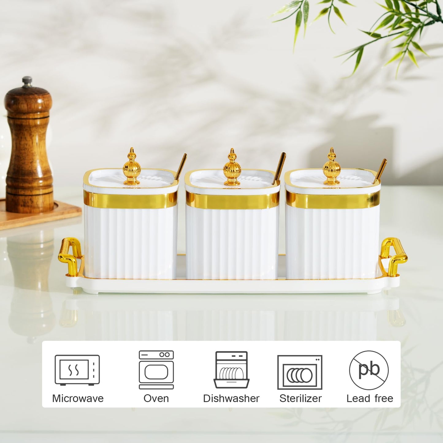 EABOSON 3 Pack Gold Condiment Spice Jars with Lids, Spoons, Tray - Plastic Seasoning Box Set for Salt, Pepper, Sugar - Kitchen Storage